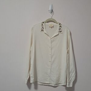 Sezane 100% Silk Jeweled Collar Pierro Shirt Cream Large